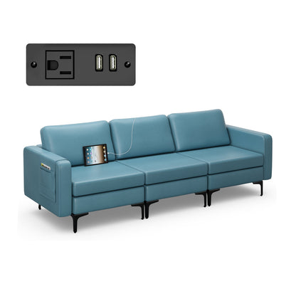 Sofá Cama de Cuero Convertible con Bolsillos para Revistas de 3 Plazas con 2 Puertos USB - Naranja