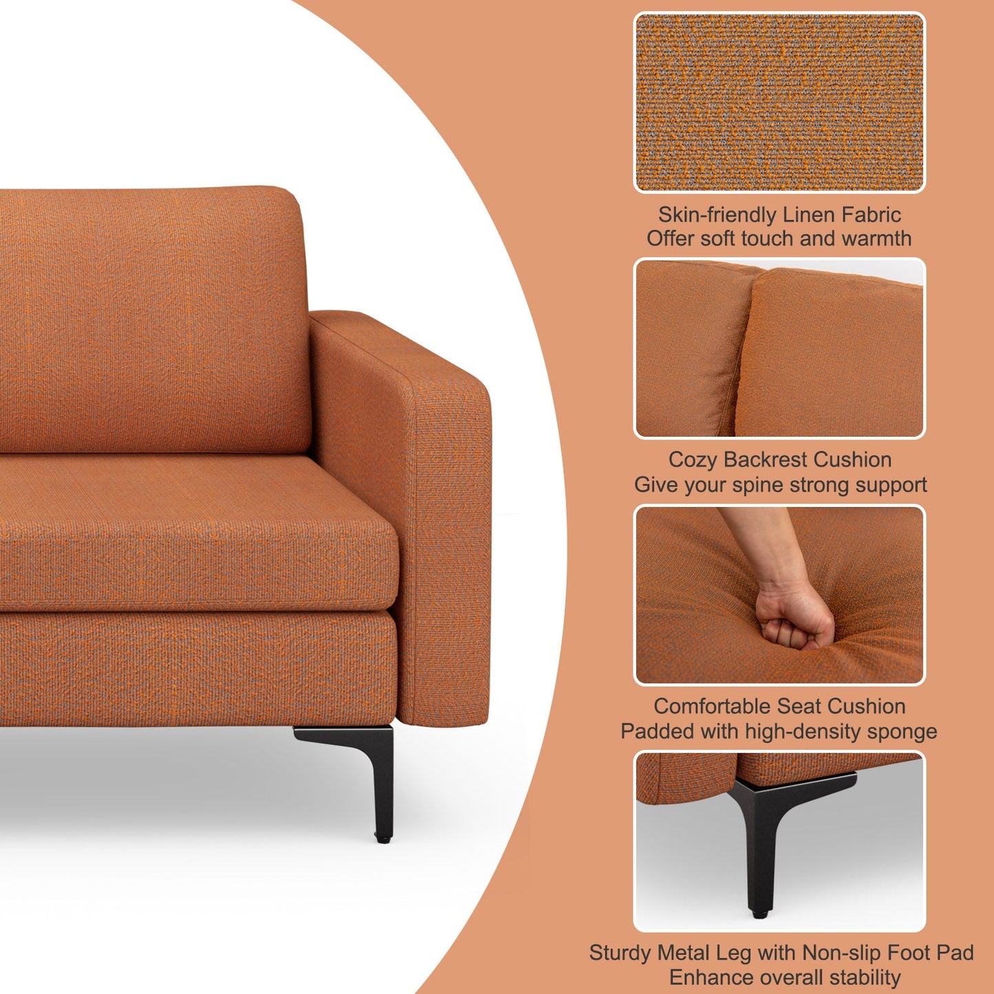 Sofá Cama de Cuero Convertible con Bolsillos para Revistas de 3 Plazas con 2 Puertos USB - Naranja