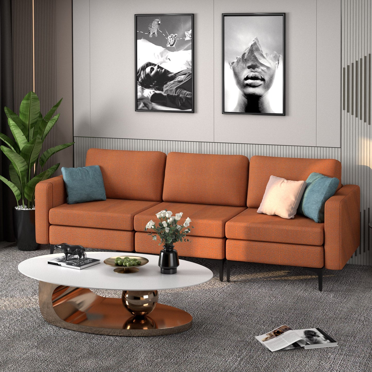 Sofá Cama de Cuero Convertible con Bolsillos para Revistas de 3 Plazas con 2 Puertos USB - Naranja