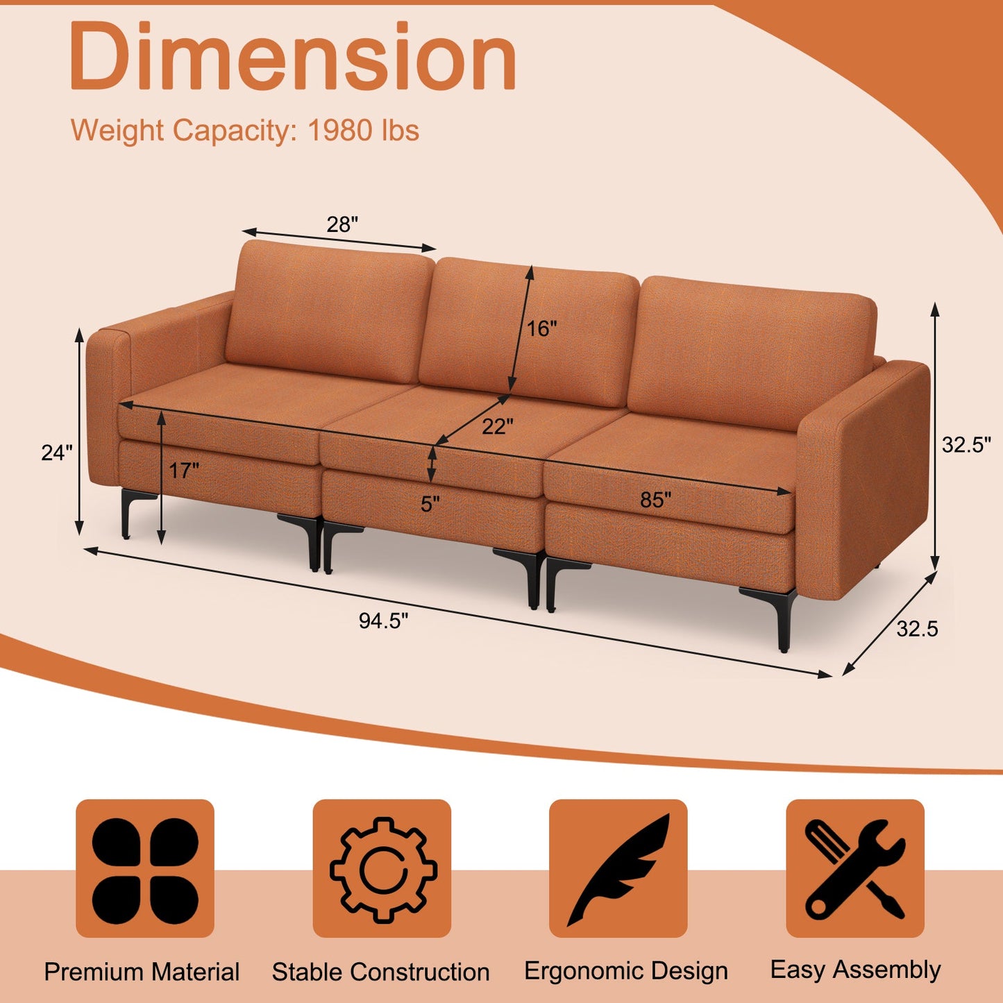 Sofá Cama de Cuero Convertible con Bolsillos para Revistas de 3 Plazas con 2 Puertos USB - Naranja