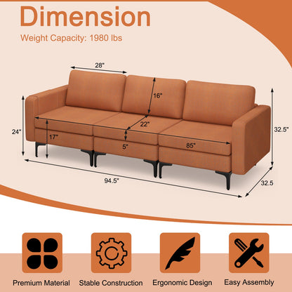 Sofá Cama de Cuero Convertible con Bolsillos para Revistas de 3 Plazas con 2 Puertos USB - Naranja