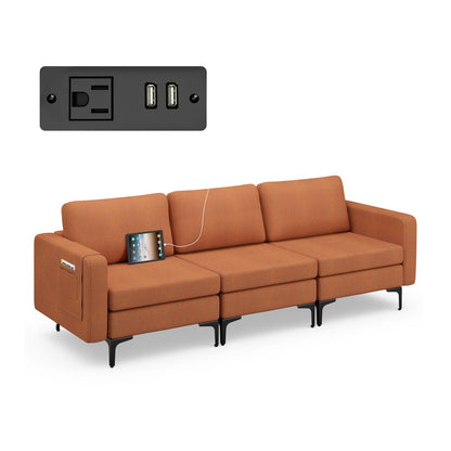 Sofá Cama de Cuero Convertible con Bolsillos para Revistas de 3 Plazas con 2 Puertos USB - Naranja