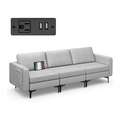 Sofá Cama de Cuero Convertible con Bolsillos para Revistas de 3 Plazas con 2 Puertos USB - Naranja
