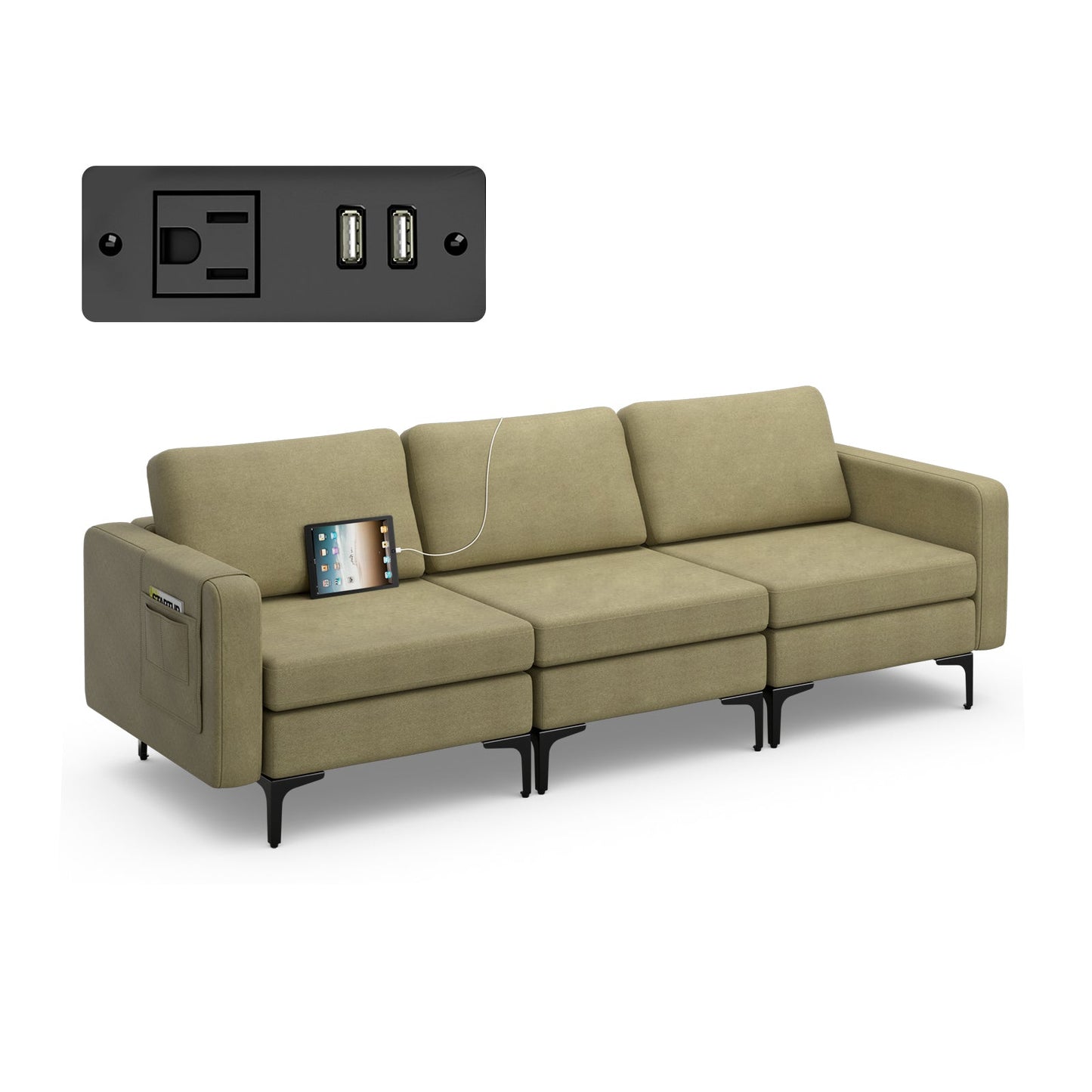 Sofá Cama de Cuero Convertible con Bolsillos para Revistas de 3 Plazas con 2 Puertos USB - Naranja