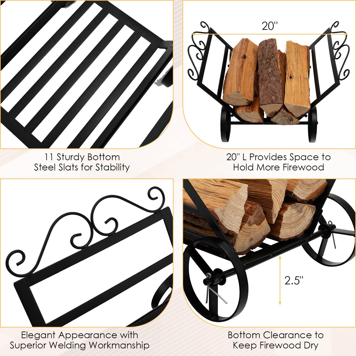 Soporte decorativo para leña de acero inoxidable con ruedas para chimenea