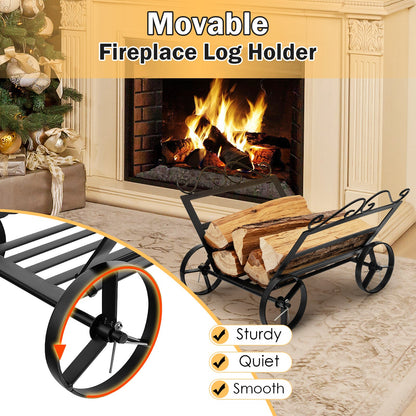 Soporte decorativo para leña de acero inoxidable con ruedas para chimenea