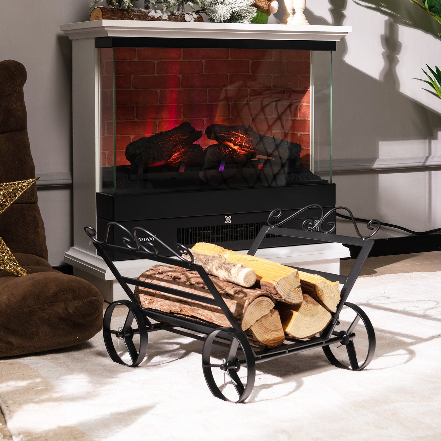 Soporte decorativo para leña de acero inoxidable con ruedas para chimenea