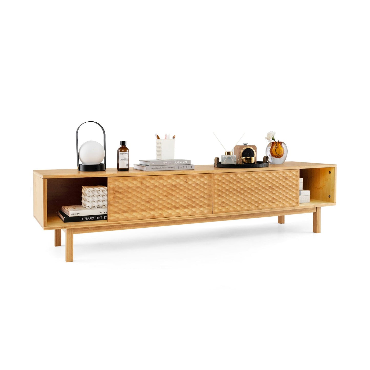Mueble de TV de bambú moderno de mediados de siglo de 63 pulgadas con puertas corredizas - Natural