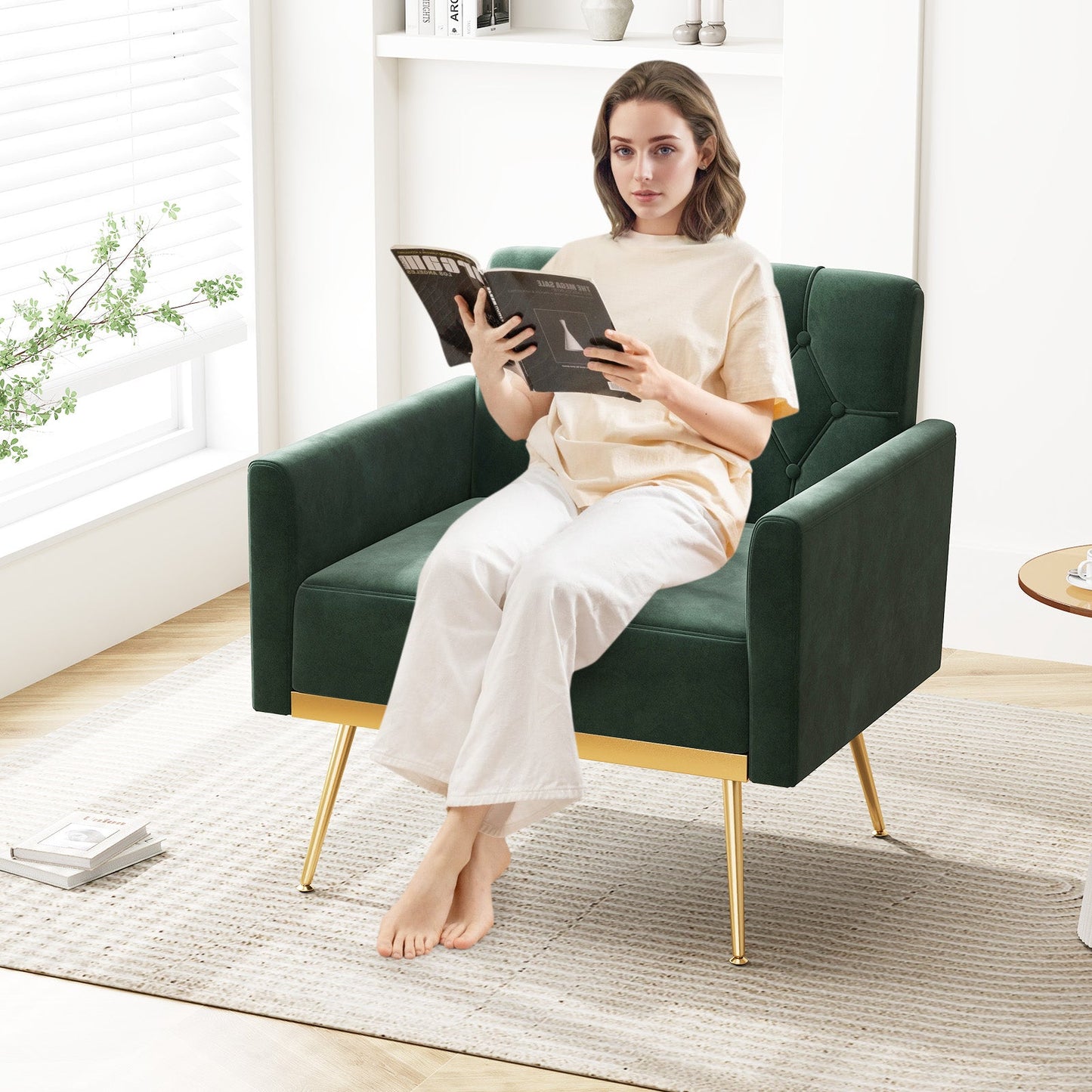 Sillón moderno de terciopelo con respaldo capitoné, patas de metal dorado y almohadillas ajustables-Verde