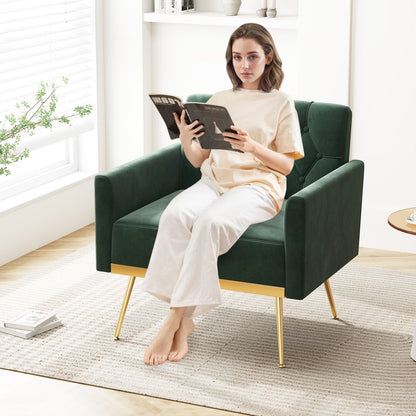 Sillón moderno de terciopelo con respaldo capitoné, patas de metal dorado y almohadillas ajustables-Verde