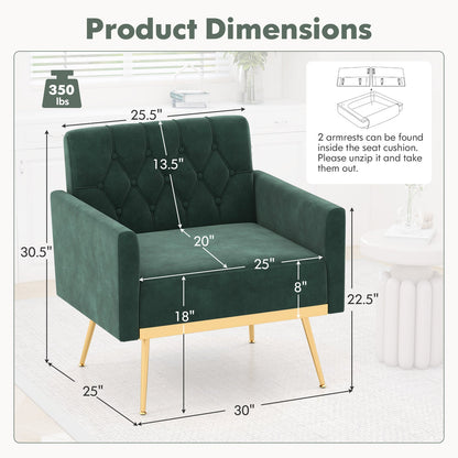 Sillón moderno de terciopelo con respaldo capitoné, patas de metal dorado y almohadillas ajustables-Verde