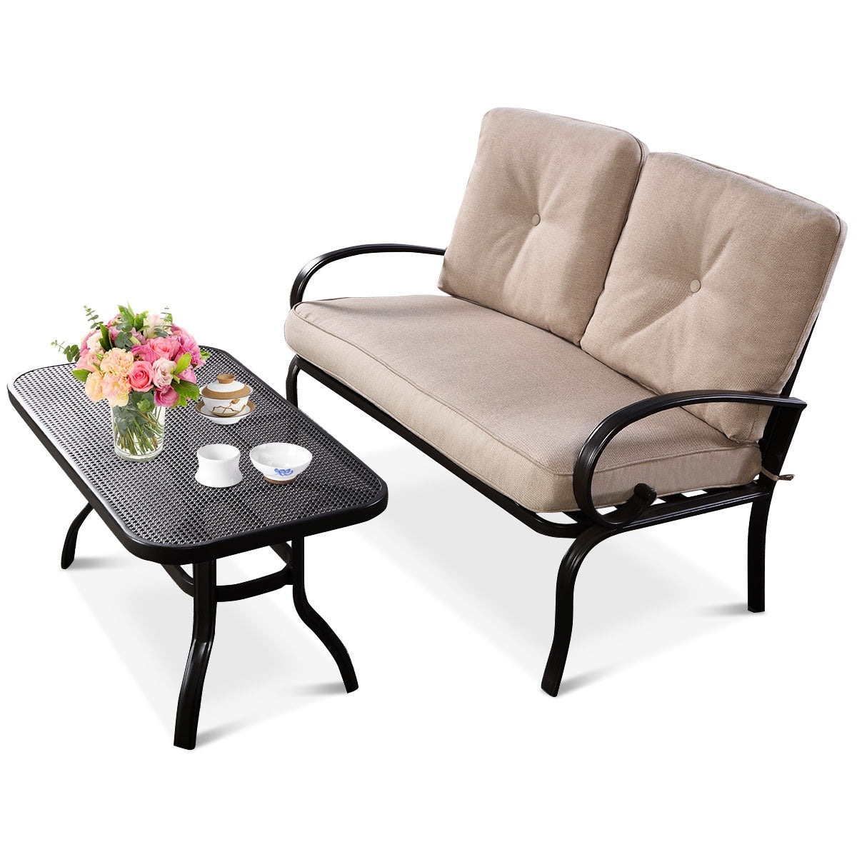 2 piezas de asientos con cojines para mesa de centro de patio - Beige