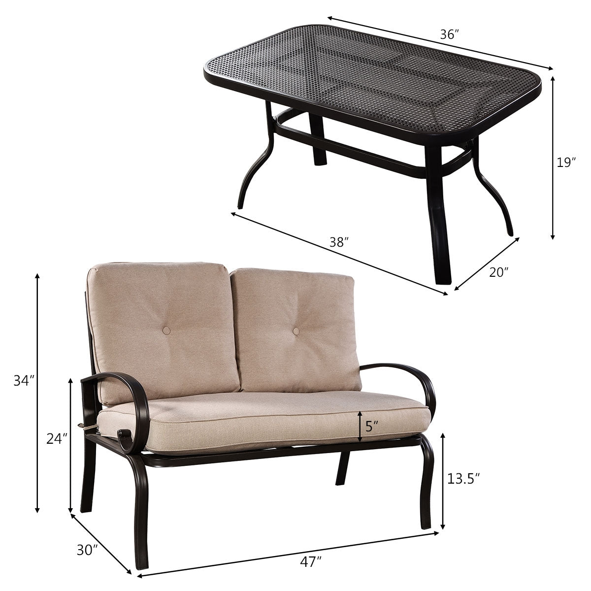 2 piezas de asientos con cojines para mesa de centro de patio - Beige