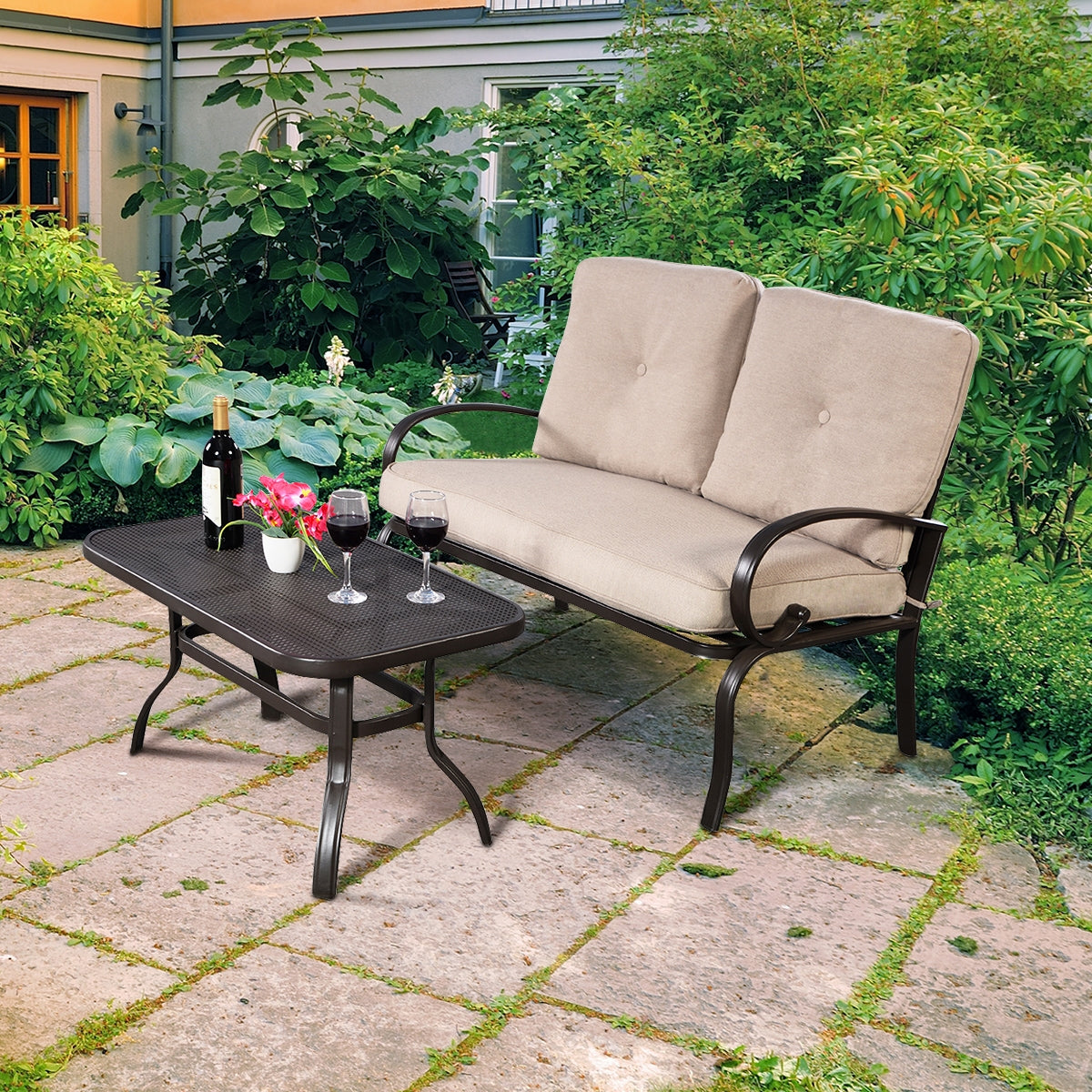 2 piezas de asientos con cojines para mesa de centro de patio - Beige