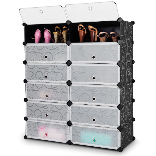 Zapatero portátil de plástico de 12 cubos DIY con puertas transparentes - Negro