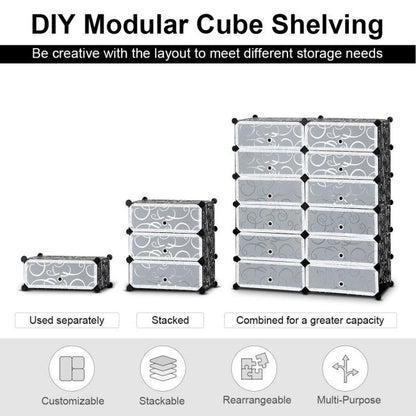 Zapatero portátil de plástico de 12 cubos DIY con puertas transparentes - Negro