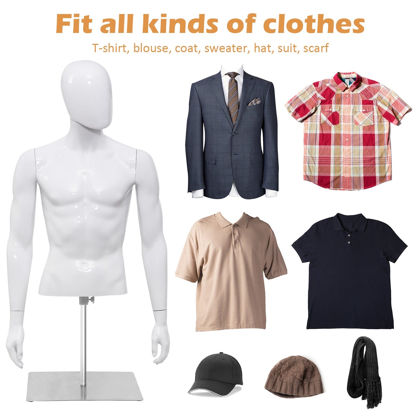 Maniquí de Plástico Hombre Medio Cuerpo con Cabeza Giratoria y Base