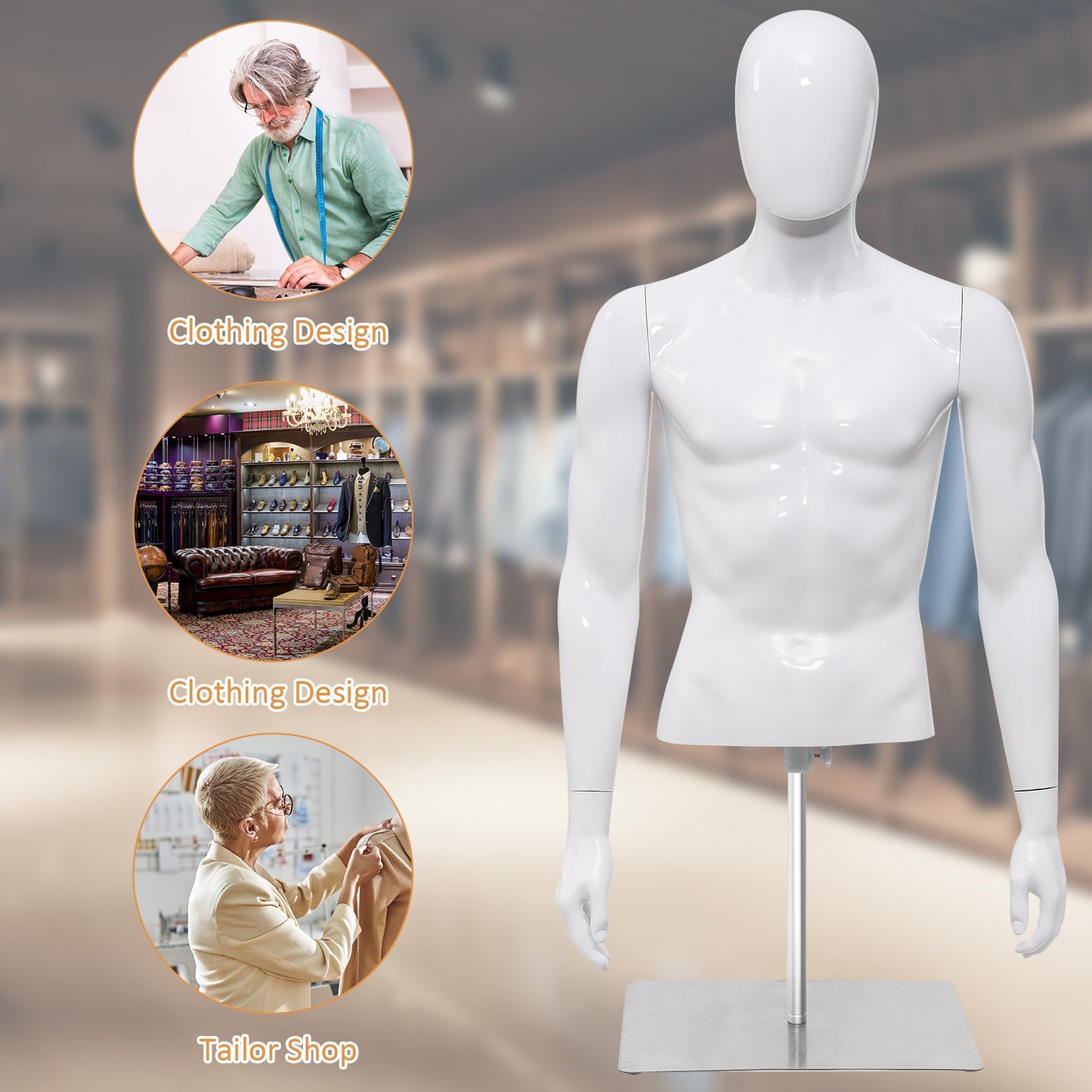 Maniquí de Plástico Hombre Medio Cuerpo con Cabeza Giratoria y Base