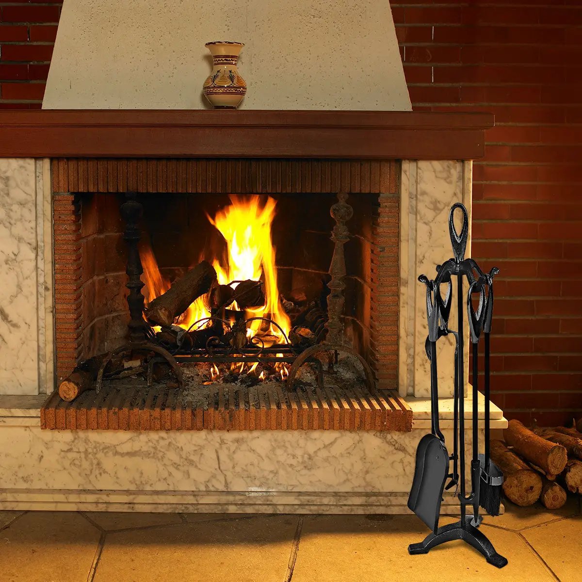 Rustic Wrought Iron Fireplace Tools Set 5 Pieces
