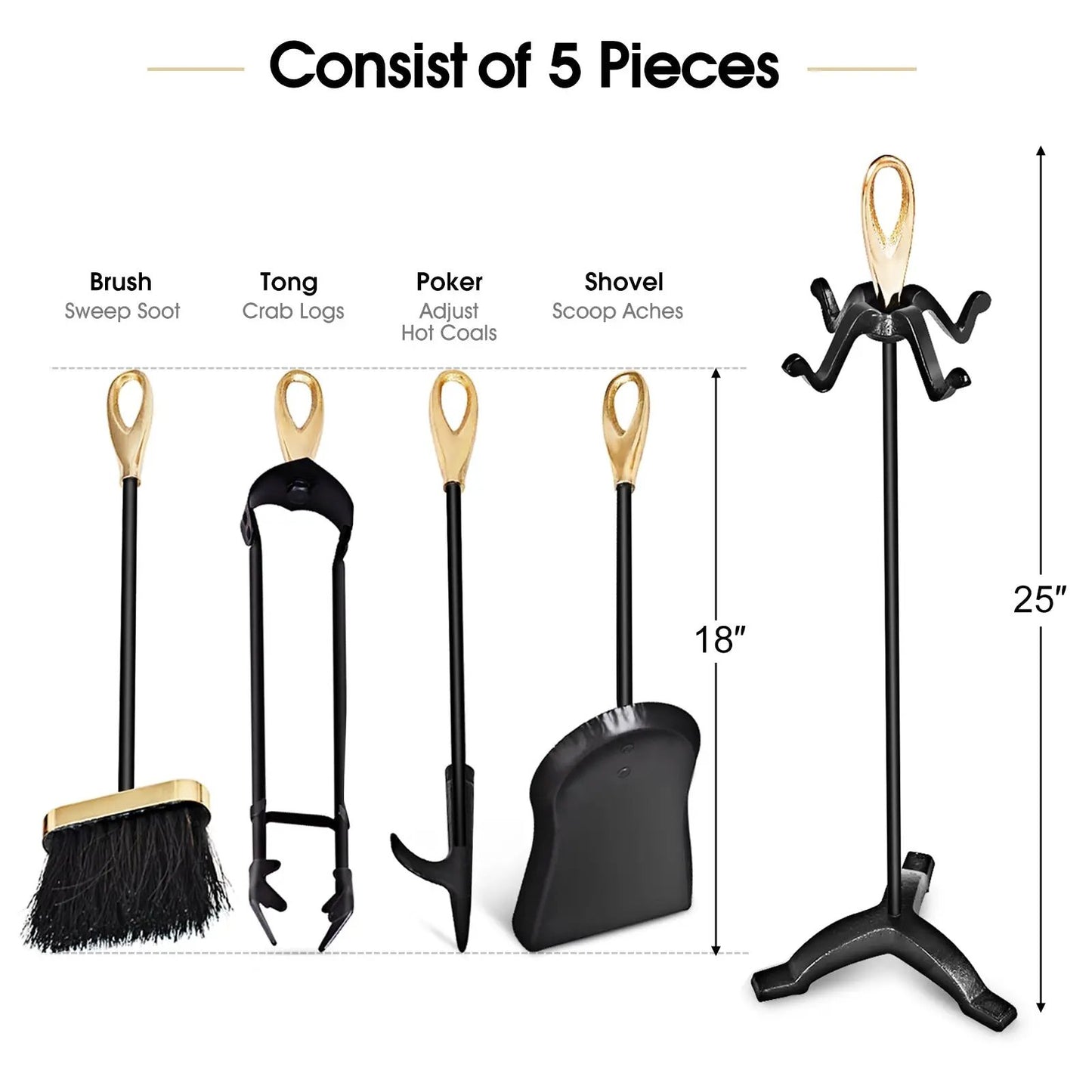 Rustic Wrought Iron Fireplace Tools Set 5 Pieces