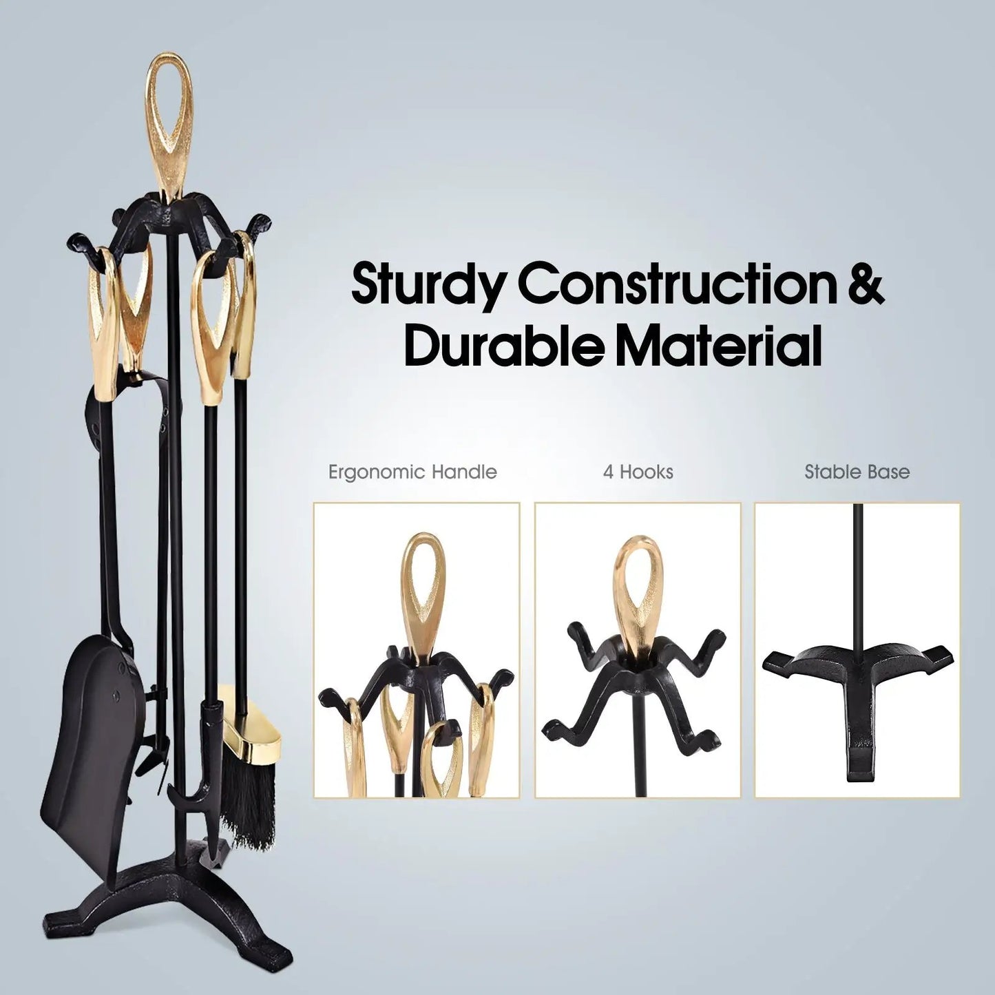 Rustic Wrought Iron Fireplace Tools Set 5 Pieces