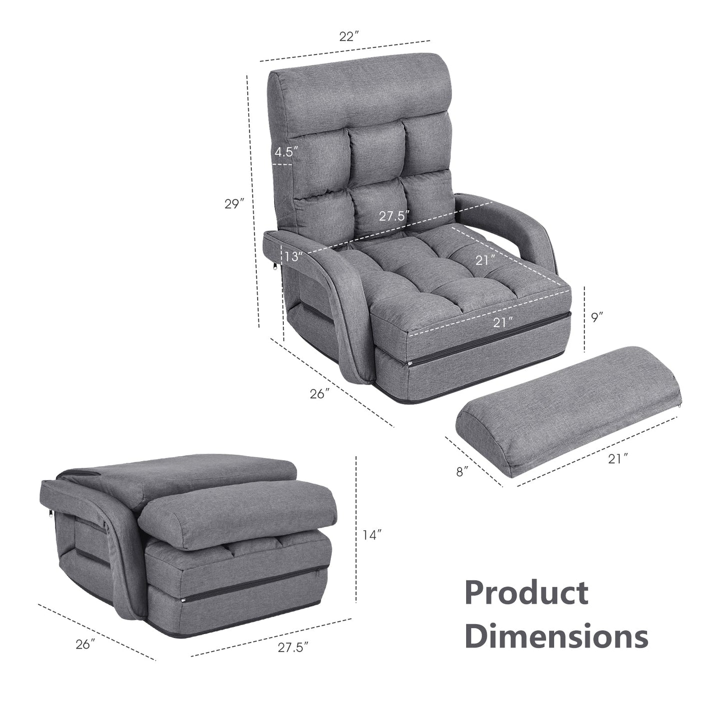 Folding Lazy Floor Chair Sofa with Armrests and Pillow