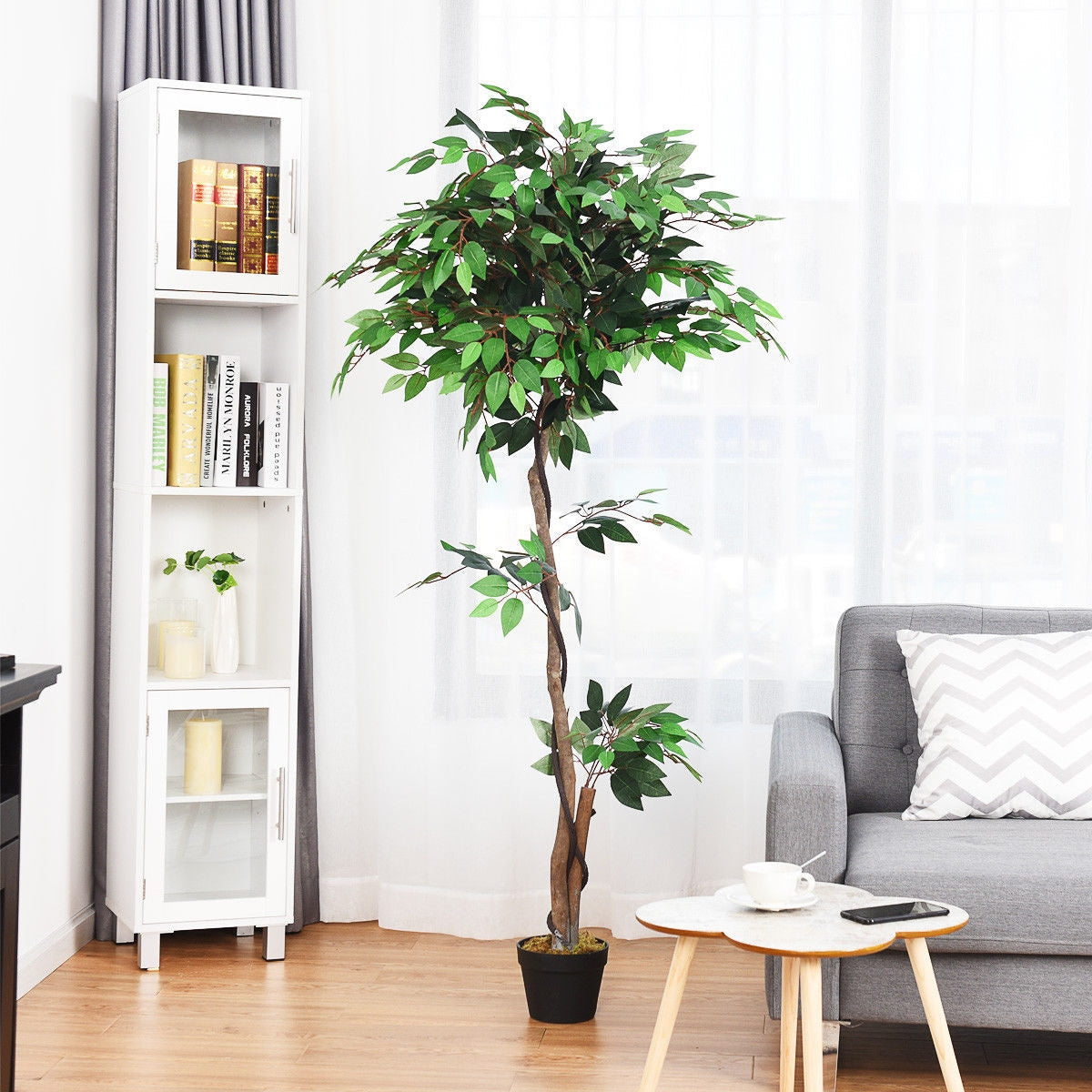 Ficus artificial de seda de 5.5 pies con troncos de madera