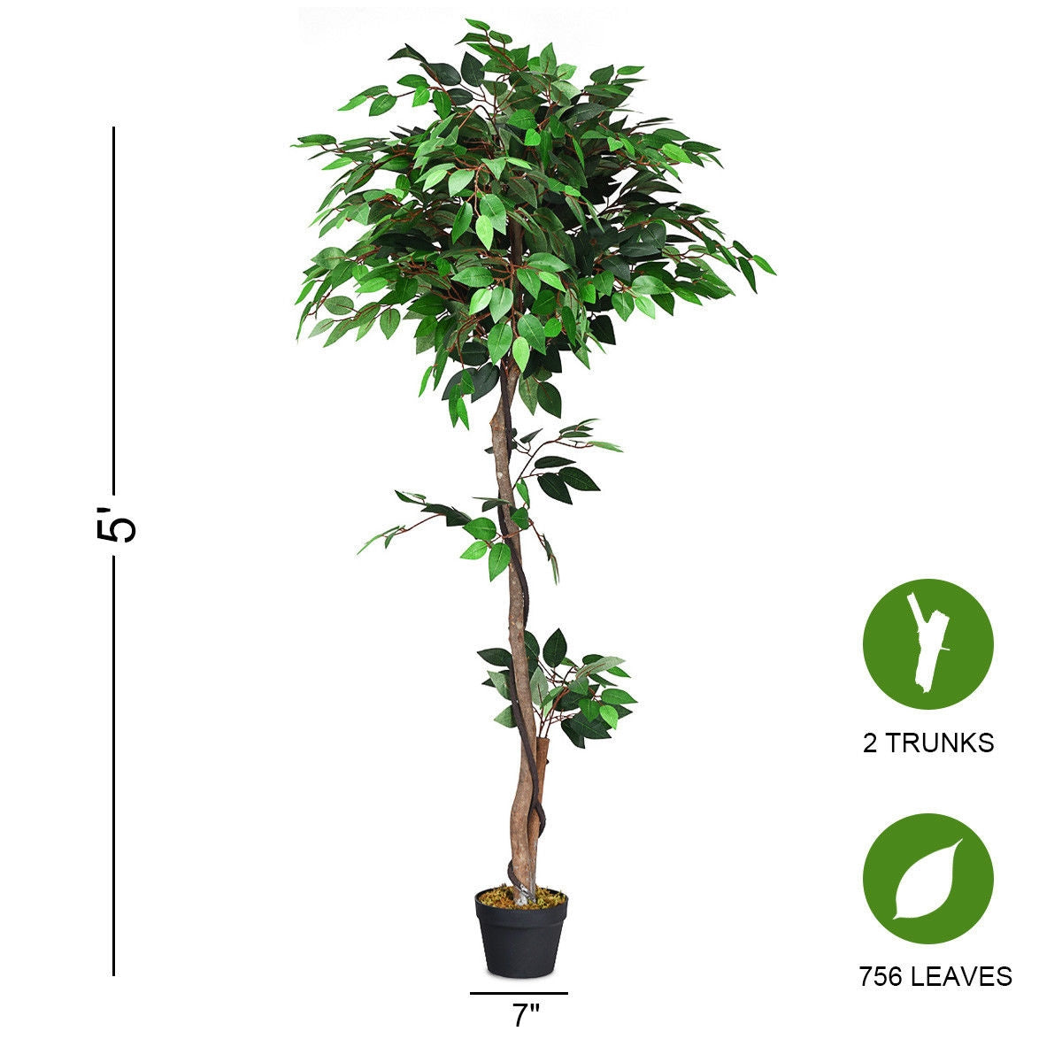 Ficus artificial de seda de 5.5 pies con troncos de madera