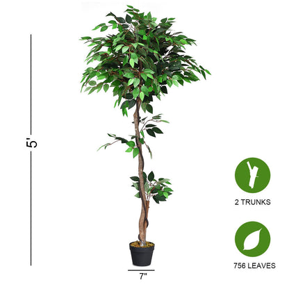 Ficus artificial de seda de 5.5 pies con troncos de madera