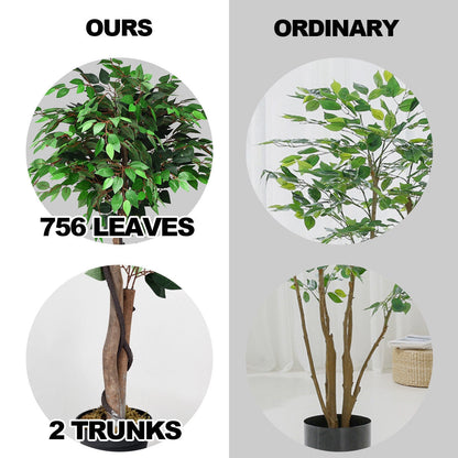 Ficus artificial de seda de 5.5 pies con troncos de madera