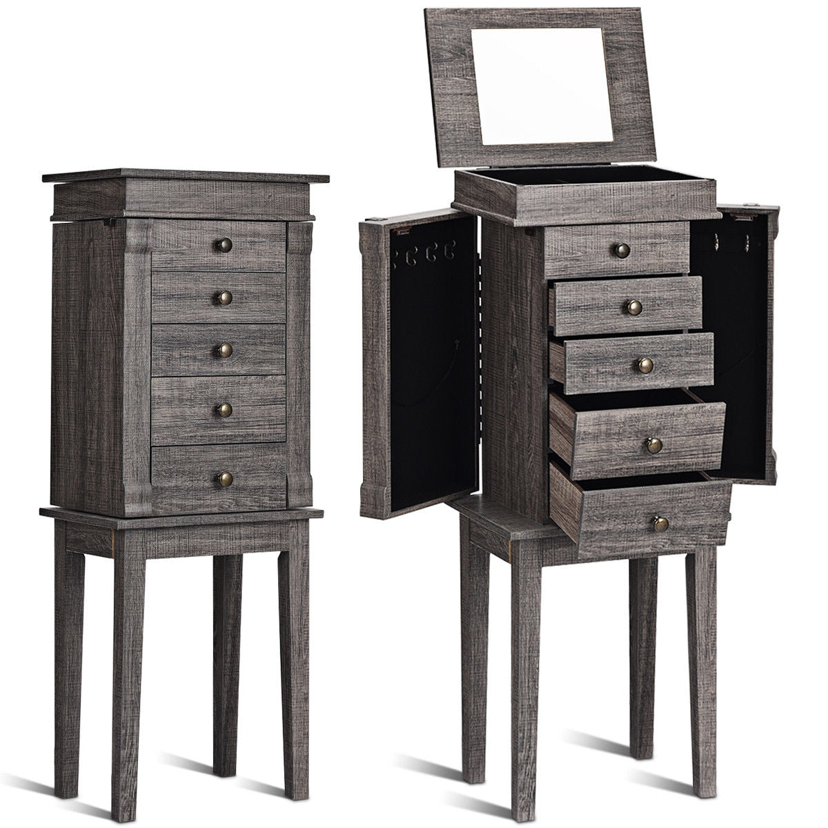 Organizador de almacenamiento de joyero de pie con patas de madera - Gris