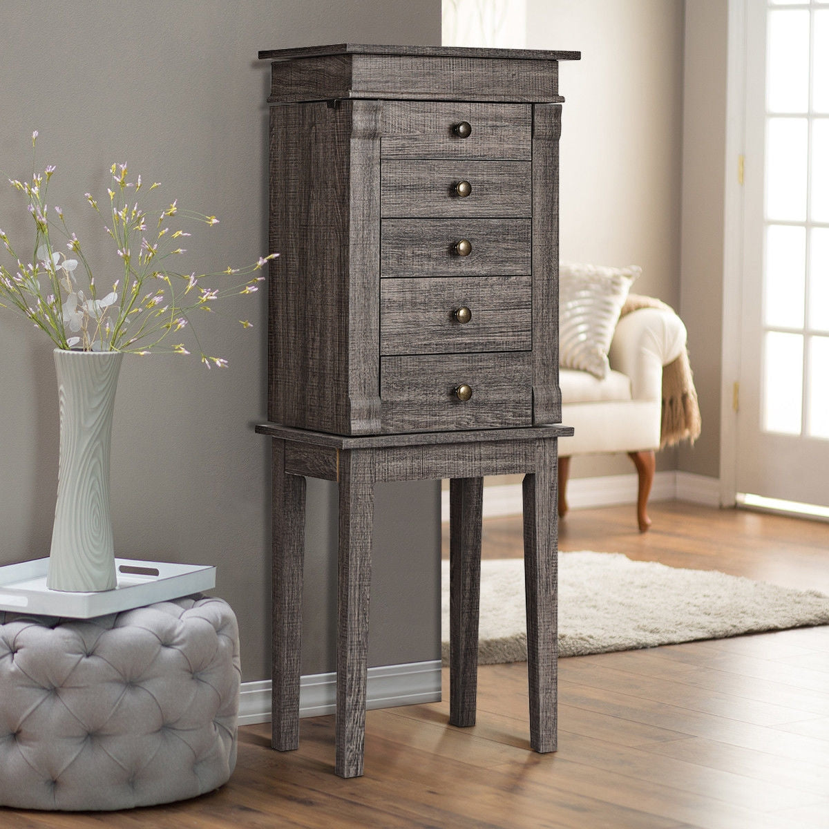 Organizador de almacenamiento de joyero de pie con patas de madera - Gris