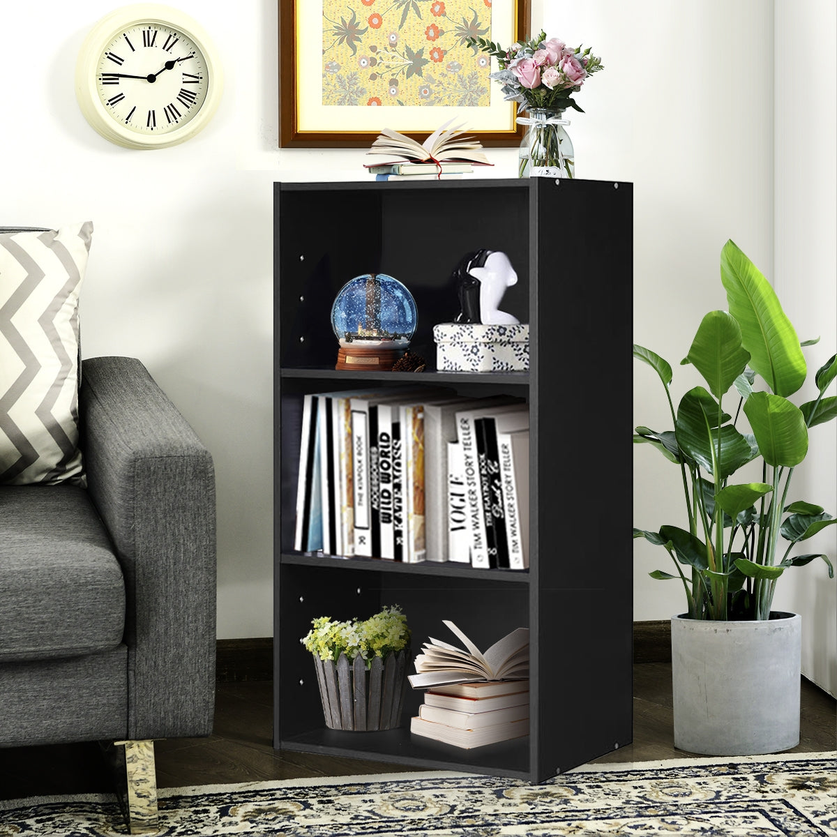 Estantería abierta de 3 niveles Mueble de almacenamiento y exhibición moderno - Negro
