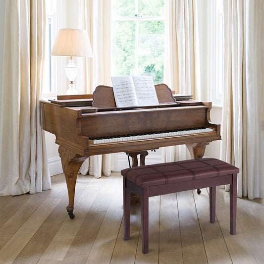 Solid Wood PU Leather Piano Double Duet Keyboard Bench-Brown - Tampa Home & Garden Store