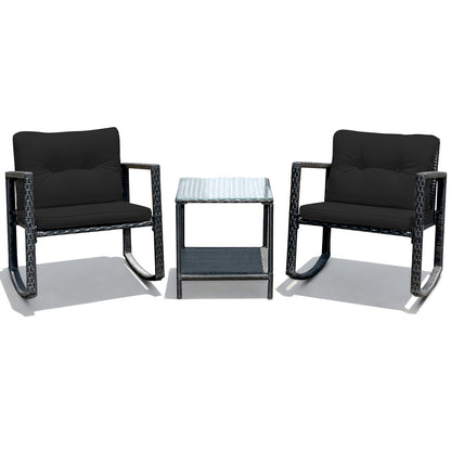 3 Pcs Wicker Rocking Bistro Set with Glass Coffee Table and Storage Shelf-Beige