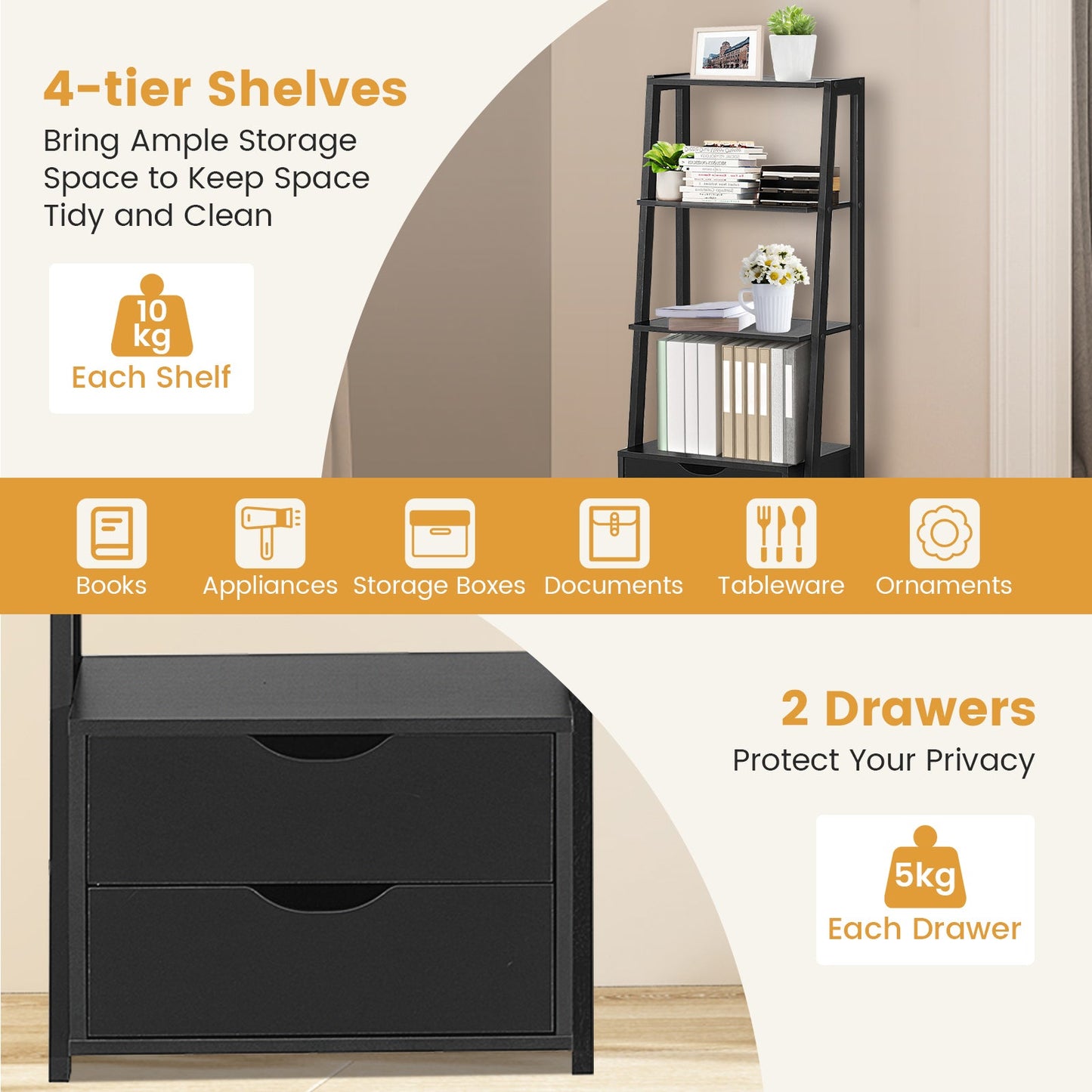 4-Tier Ladder Bookshelf Storage Display with Drawers