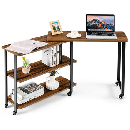360° Rotating Sofa Side Table with Storage Shelves and Wheels-Rustic Brown
