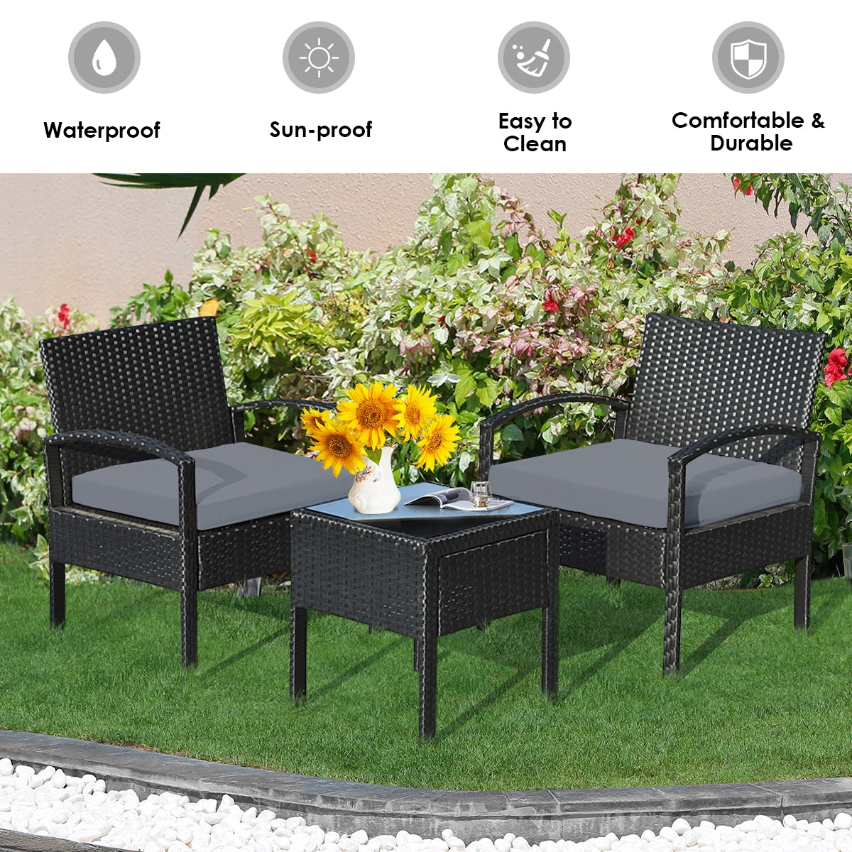 Juego de conversación de patio de ratán para exteriores de 3 piezas con cojines de asiento - Gris