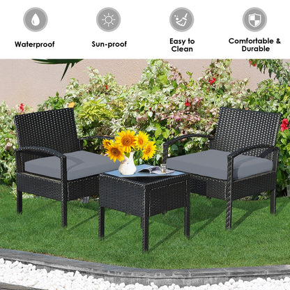 Juego de conversación de patio de ratán para exteriores de 3 piezas con cojines de asiento - Gris