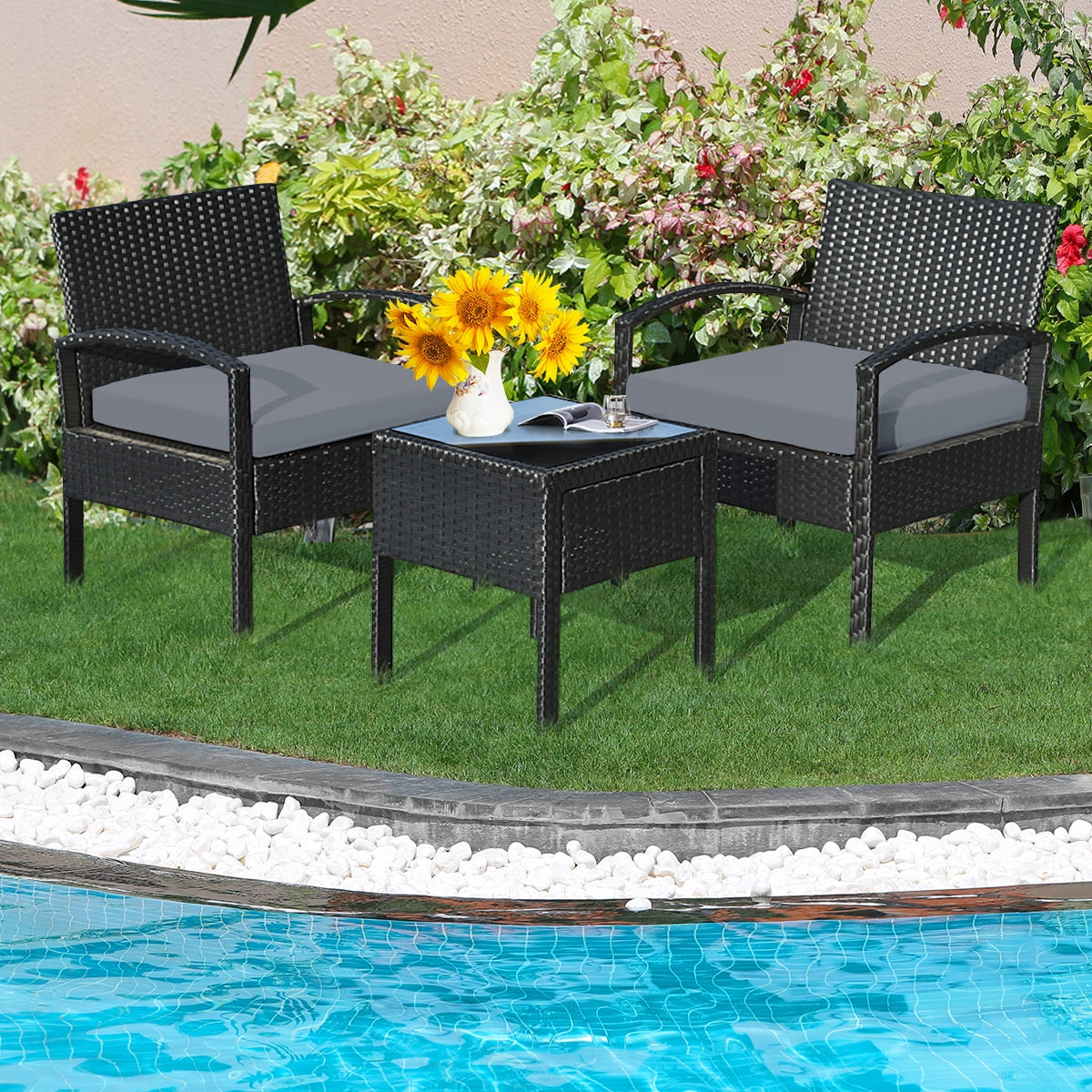 Juego de conversación de patio de ratán para exteriores de 3 piezas con cojines de asiento - Gris