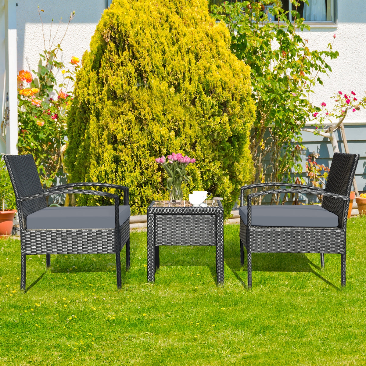 Juego de conversación de patio de ratán para exteriores de 3 piezas con cojines de asiento - Gris