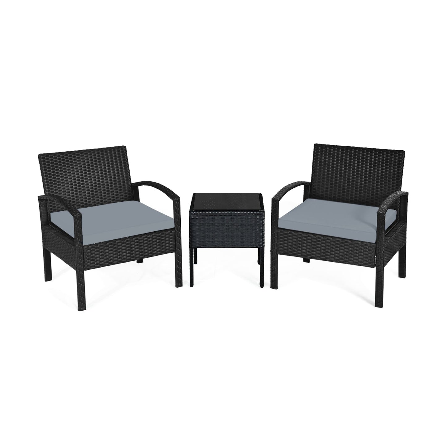 Juego de conversación de patio de ratán para exteriores de 3 piezas con cojines de asiento - Gris