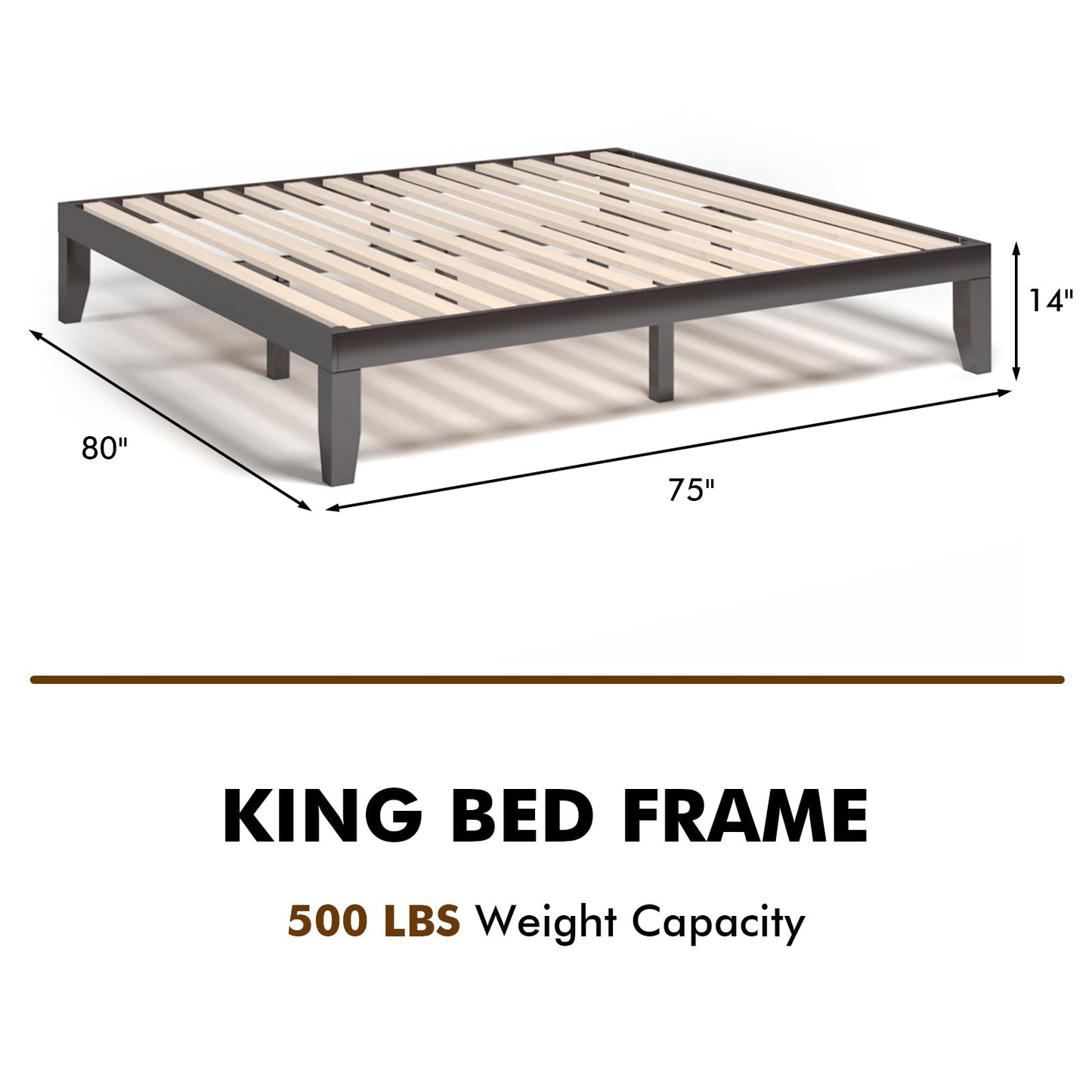Marco de cama de plataforma de madera King Size de 14 pulgadas - Marrón