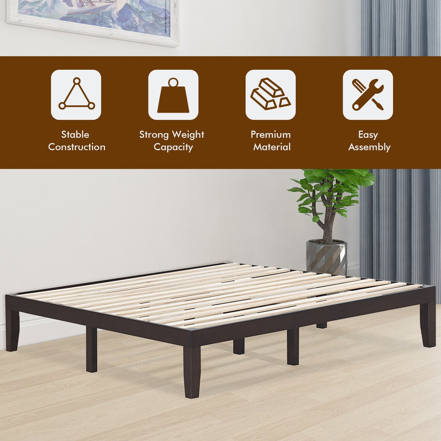 Marco de cama de plataforma de madera King Size de 14 pulgadas - Marrón