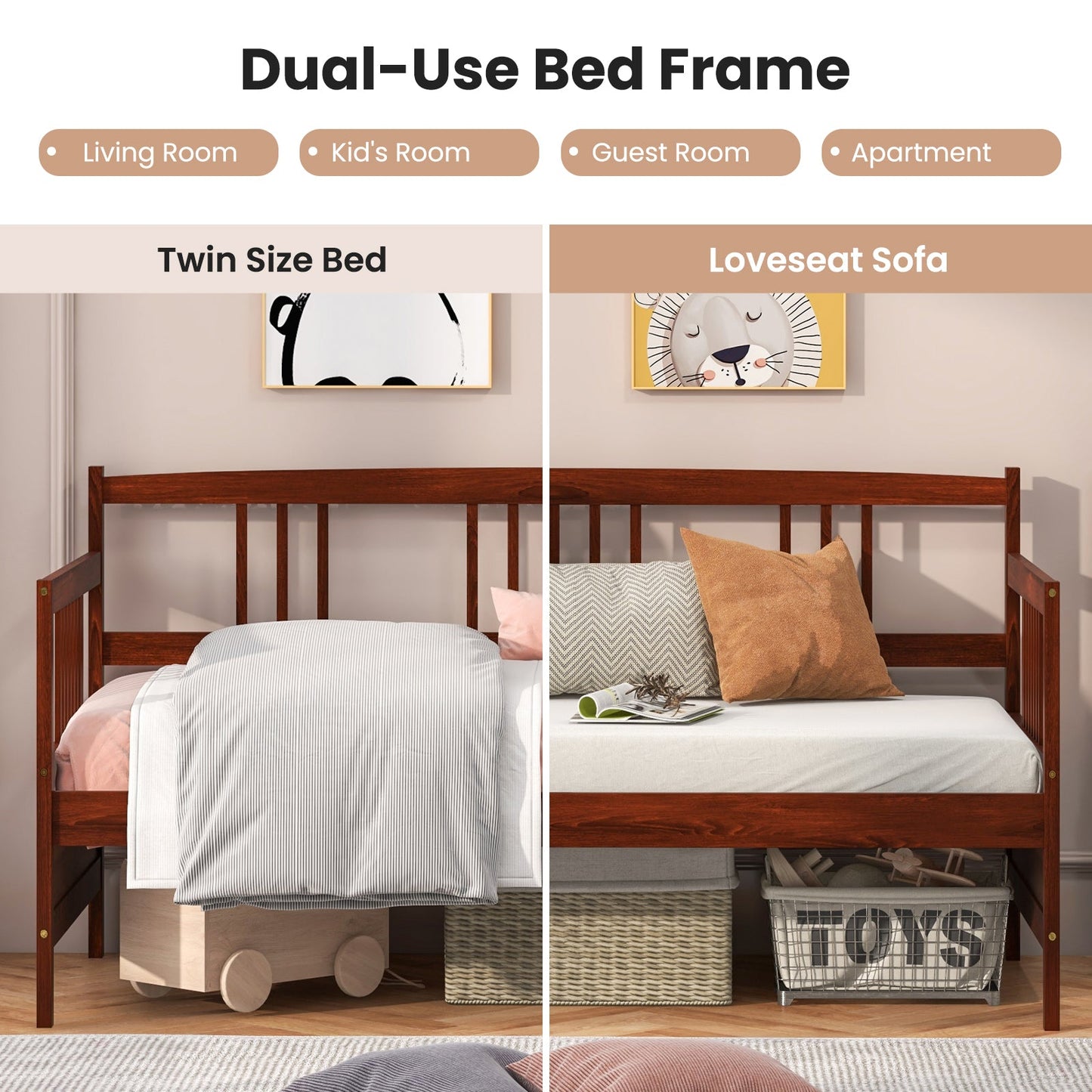 Sofá cama de madera con lamas y barandillas, tamaño individual - Cerezo