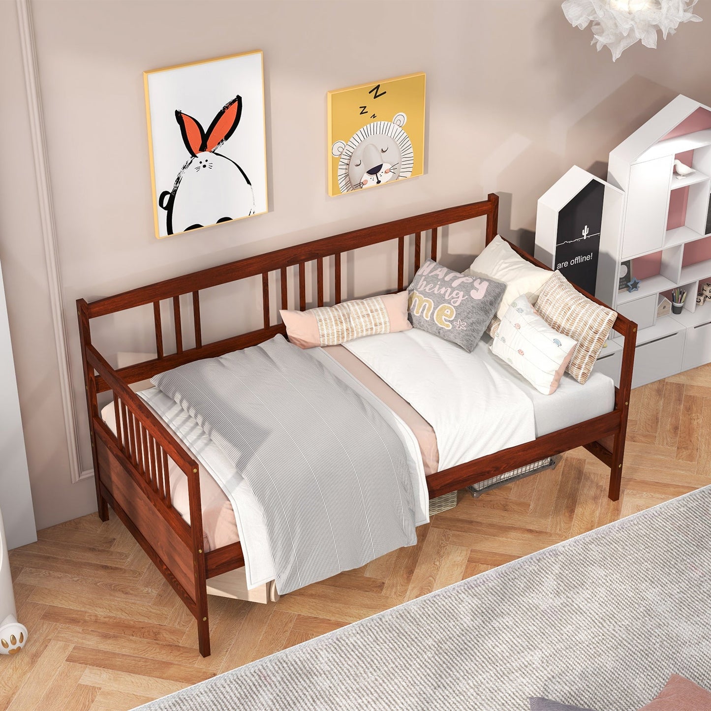Sofá cama de madera con lamas y barandillas, tamaño individual - Cerezo