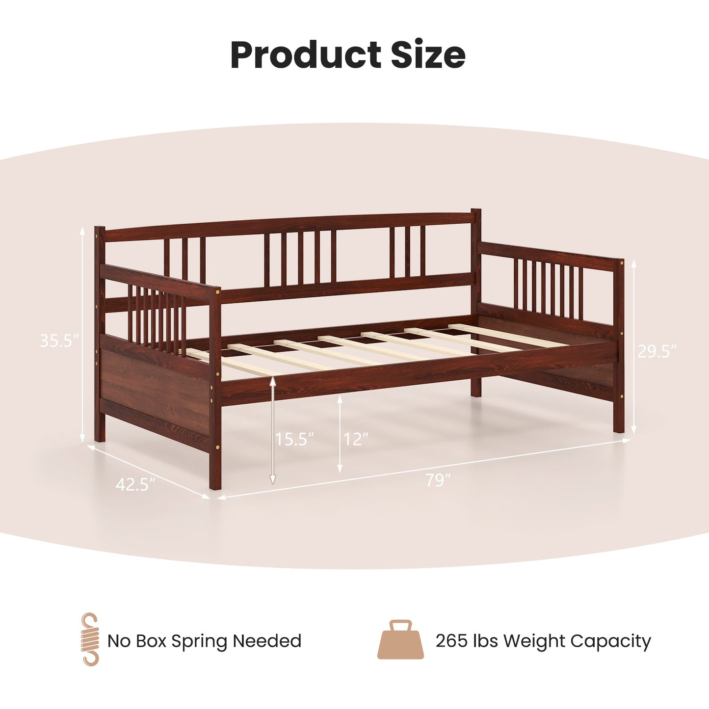 Sofá cama de madera con lamas y barandillas, tamaño individual - Cerezo