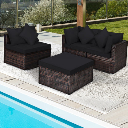 Juego de muebles de mimbre de ratán para patio y jardín de 4 piezas con cojines - Negro