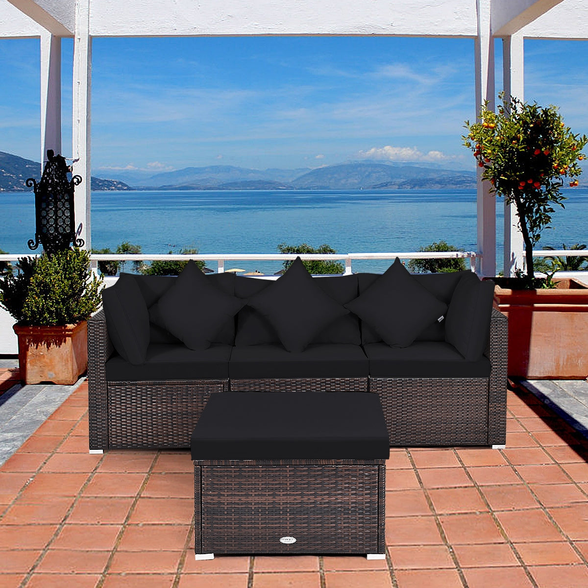 Juego de muebles de mimbre de ratán para patio y jardín de 4 piezas con cojines - Negro