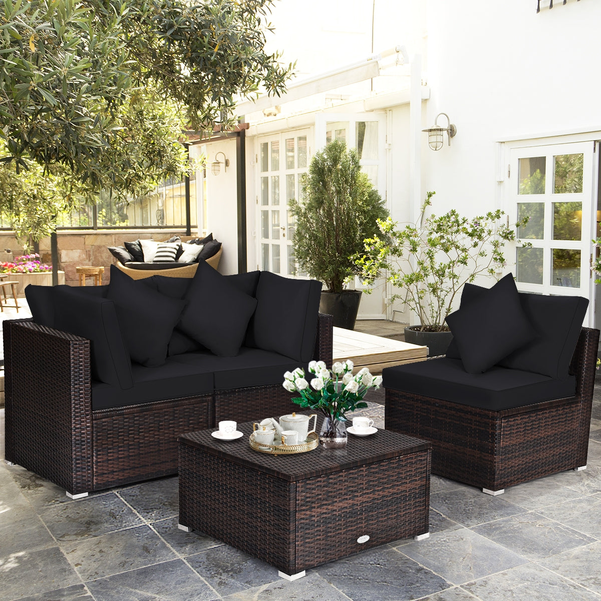 Juego de muebles de mimbre de ratán para patio y jardín de 4 piezas con cojines - Negro